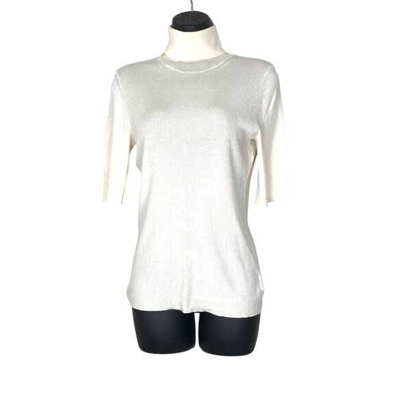 Theory 100% Merino Wool Cream  Ribbed Short Sleeved Turtle Neck Size L - Picture 1 of 7